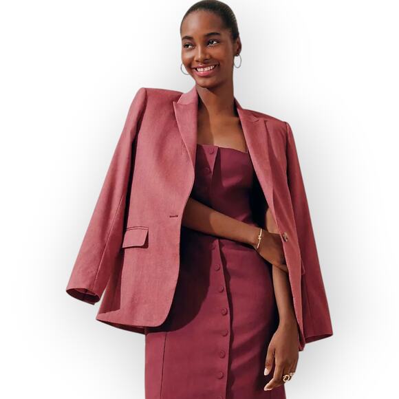 Sz12 AnnTaylor Longline Blazer LinenBlend Rose Burgundy Relaxed - Picture 6 of 11